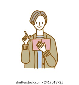 A pose of a woman smiling and taking notes in a notebook
