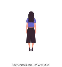 pose of a woman standing in a purple t-shirt female