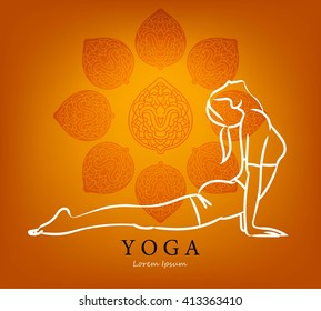 Pose Yoga female silhouette. Women's yoga simple silhouette on beautiful background. Vector illustration on the theme of beauty and health. Flexible woman on the ornamental orange background.