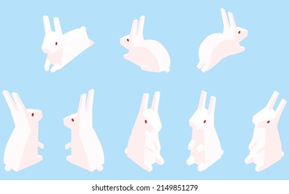 Posed Set Of White Rabbits, Simple Isometric Illustration.