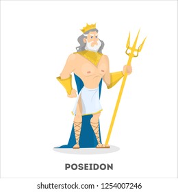 Poseidon ancient greek god character. Sea man from underwater with trident from greece mythology. Vector illustration in cartoon style