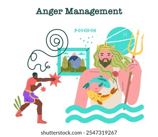 Poseidon Anger Management Concept (em inglês). Uma cena mitológica com Poseidon aprendendo a controlar sua raiva, com um terapeuta e uma paisagem marinha calmante. Ilustração vetorial.