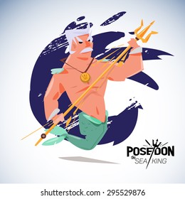 poseidon. character design with typographic - vector illustration