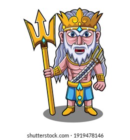 Logo de la mascota Poseidon chibi con arma tridente 