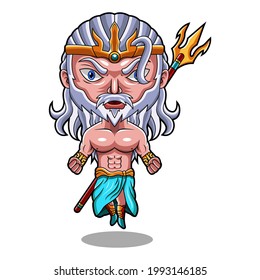 Poseidon chibi mascot logo with trident weapon 