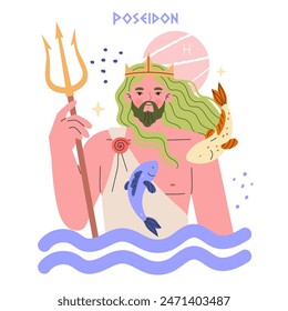 Poseidon concept. Greek god of the sea with trident and marine life elements. Mythology-inspired character in a playful, modern design. Vector illustration.