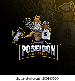 Poseidon fishing mascot logo esport design