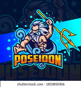 poseidon god of sea mascot esport logo design for gaming logo design