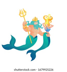 Poseidon God of Seven Seas Holding Trident Symbol of Power Embracing Mermaid or his Wife Amphitrite under Water. Legendary Mythological Characters of Ancient Greece. Cartoon Flat Vector Illustration