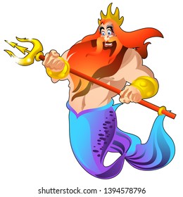 Poseidon With A Golden Trident And A Crown Isolated On White Background. Vector Cartoon Close-up Illustration.