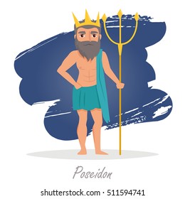 Poseidon. Greek gods. Vector illustration. Cartoon character. Isolated. Flat. Mythology.