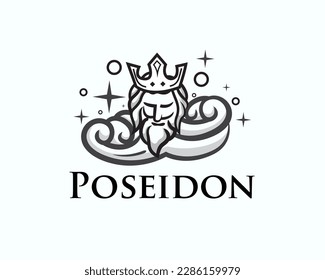 Poseidon head with crown on wave logo template illustration inspiration