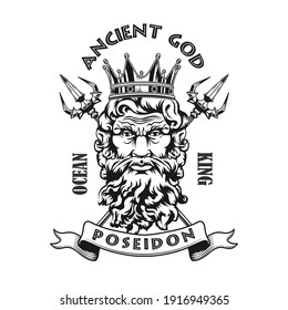 Poseidon head emblem design. Monochrome element with god of sea in crown, tridents in circles vector illustration with text. Sailing or Greek mythology concept for symbols and labels templates