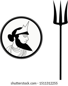 Poseidon head and his Trident black and white