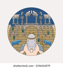 Poseidon with his guardian dolphin looking at the Ruins of Atlantis