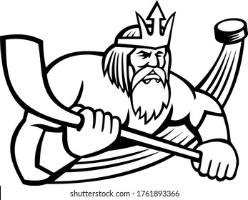 Poseidon With Ice Hockey Stick and Puck Sports Mascot Black and White