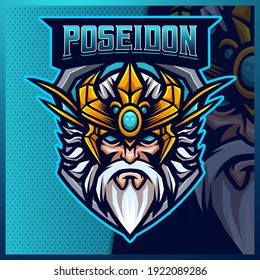 Poseidon King mascot esport logo design illustrations vector template, Neptune with Trident logo for team game streamer youtube banner twitch discord