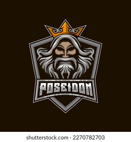 Poseidon King Mascot E-Sport Logo Design Vector Illustration Template