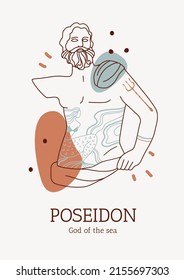 Poseidon. Linear antique statue. Trendy modern vector print with ancient classical greece sculpture of god and geometric abstract shapes. Line art for fashion t-shirt design, printing, poster