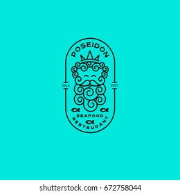 Poseidon logo. Neptune logo. Seafood restaurant emblems. Poseidon in the crown and fish with letters in the oval badge. Linear logo.