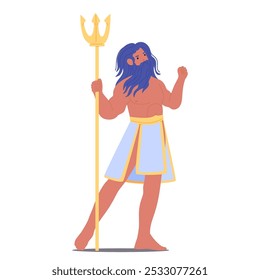 Poseidon Mythical Greek God Character Holding A Golden Trident Symbolizing Power And Strength Over The Seas Depicted In A Stylized Manner Reflective Of Classical Mythology. Cartoon Vector Illustration