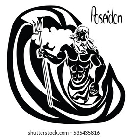 Poseidon or Neptune god in the middle of the whirlpool with a trident in his hands black vector illustration isolated on a white background. Athletic build, strong arms, beard