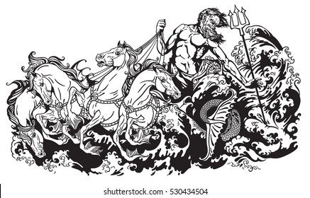 Poseidon or Neptune god of the sea driving a chariot pulled by four seahorses hippocamp. Black and white vector illustration