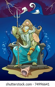 Poseidon or Neptune, the god of the sea and earthquakes in Greek (Roman) mythology, summoning the storms, vector illustration