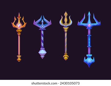 Poseidon oder Neptune Magic Trident für Spiel UI Design. Cartoon Vektor Illustration Set aus verschiedenen metallischen Speer mit Heugabel mit Ornamenten und Edelsteinen verziert. Griechischer Gott oder Teufel Waffe.