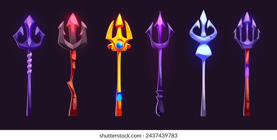 Poseidón o tridente de magia Neptuno para el diseño de la interfaz de juego. Conjunto de ilustración vectorial de dibujos animados de horquilla de fantasía de madera y metal decorado con piedras preciosas. Arma trishul náutica mitológica.