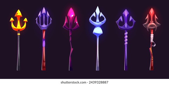 Poseidon or Neptune magic trident for game ui design. Cartoon vector illustration set of fantasy pitchfork made of wood and metal decorated with gem stones. Mythology nautical trishul weapon.