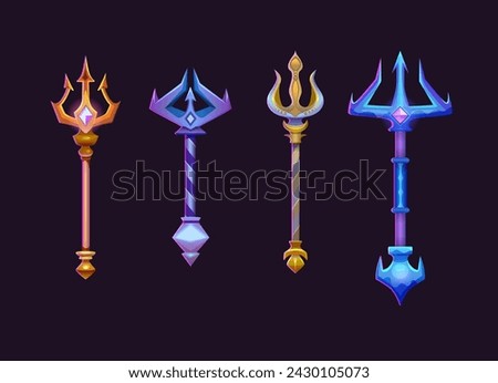 Poseidon or Neptune magic trident for game ui design. Cartoon vector illustration set of various metallic spear with pitchfork decorated with ornaments and gemstones. Greek god or devil weapon.