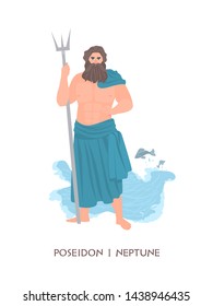 Poseidon or Neptune - Olympian god or deity of sea and seafare from ancient Greek and Roman religion and myth. Male mythological character with beard and trident. Flat cartoon vector illustration.