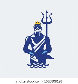 Poseidon or Neptune wielding a trident with waves. mascot logo design