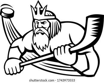 Poseidon Playing Ice Hockey Sports Mascot Black and White

