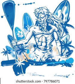 poseidon puddle surfer on surfboard hand draw 