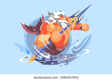 Poseidon Sea Warrior. Vector illustration of powerful merman wielding trident in dynamic underwater scene.