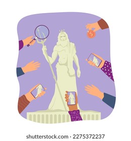 Poseidon statue vector illustration. Hands with phones, money, magnifier. People observing ancient god sculpture, taking photos. Return to ancient Greece, mythology, nostalgia concept