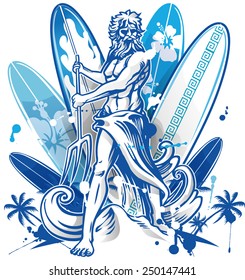 Poseidon surfer on blue surfboard background with palm tree