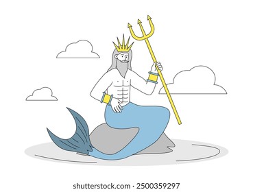 Poseidon with trident. Elderly man in crown with tail sits on stone. Ancient Greek mythology and legend. Olympic god in sea or ocean. Linear vector illustration isolated on white background