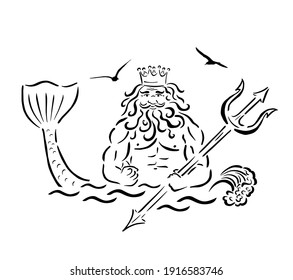 Poseidon with a trident line. Vector illustration