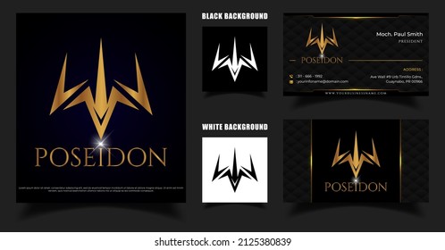 Poseidon Trident Logo. Simple and Luxurious Company Logo Design. Business card design 