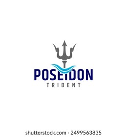 Poseidon trident logo with wave elements in flat vector design style