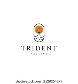 Poseidon trident with sun in line art oval logo design style