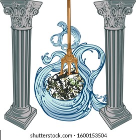 Poseidon trident weapon  symbol of power and water logo with corinthian columns. Vector Illustration and isolated.