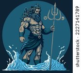 Poseidon vector art. Greek mythological god of water. Lord of the sea and oceans. Muscular man with trident. Neptune graphic illustration. Power symbol. Logo with wave. Strong cartoon illustration