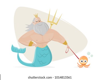 Poseidon walks an octopus, clipart.