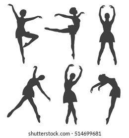 Poses of ballet: hand drawn icons set. Big collection of sketch objects. Black and white illustration with girls dancing