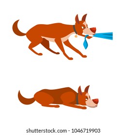 The poses of a cartoon dog. Evil tearing piece of cloth and lying dog