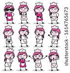 Poses of Cartoon Waitress - Set of Concepts Vector illustrations